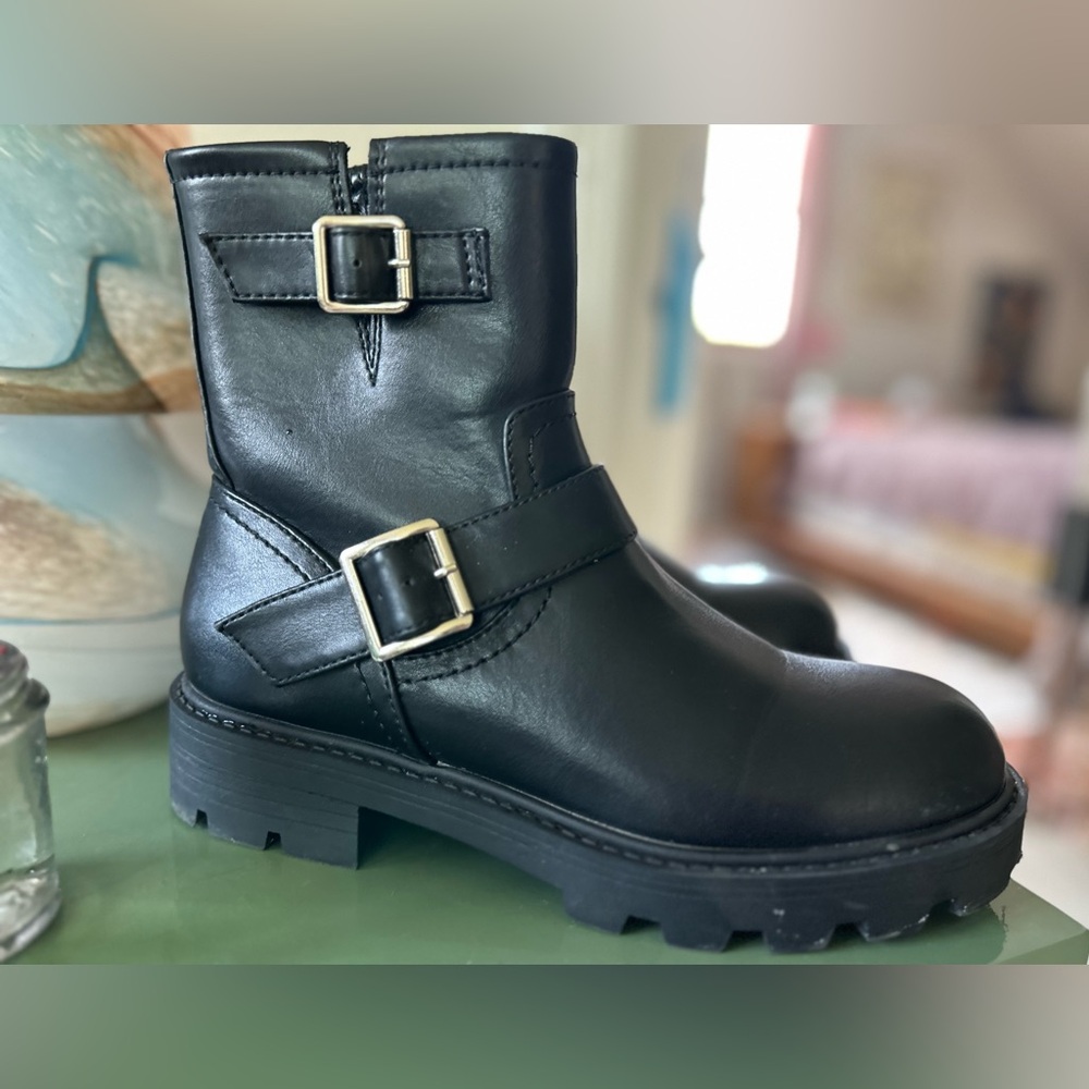 Steve Madden Girl Farley Black Ankle Buckle Moto Combat Boots